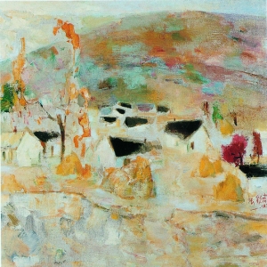 張欽若抽象風(fēng)景油畫(huà)《美麗的村莊》欣賞