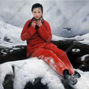 王沂東油畫作品_雪中休息的紅衣女子_高清大圖下載
