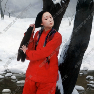 王沂東油畫_梳頭的紅衣女子_高清圖片下載