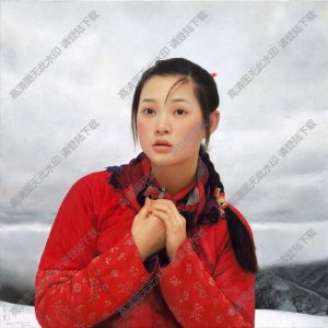 王沂東油畫_雪中紅衣女子_高清圖片下載