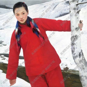 王沂東油畫_紅衣女子在樹邊_高清圖片下載