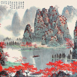 白雪石國畫_漓江紅葉_高清圖片下載