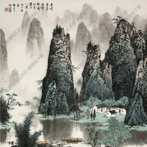 白雪石國畫_奇峰聳翠白云起_漓江青碧水一灣_高清下載