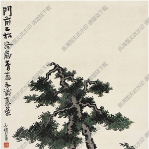 豐子愷國畫_門前二松終歲青_蔥不識衰榮_高清大圖下載