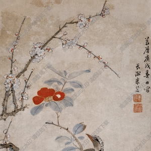 明 朱竺《梅茶山雀圖》國(guó)畫(huà)高清大圖下載