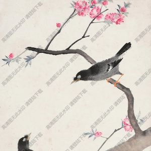 江寒汀國(guó)畫作品 桃樹八哥 高清下載