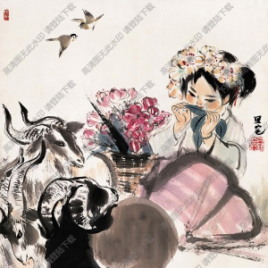 劉旦宅國畫作品 少女與小羊 高清下載
