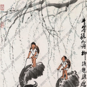 李可染作品_牛背穩(wěn)如舟，柳塘競渡歸_高清大圖下載