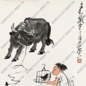 李可染作品_牧牛圖10_牧童逗鳥圖_高清大圖下載
