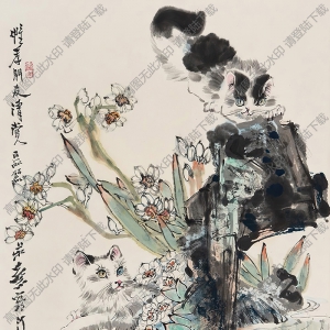 蔡鶴汀國(guó)畫 花間貓戲 高清大圖下載
