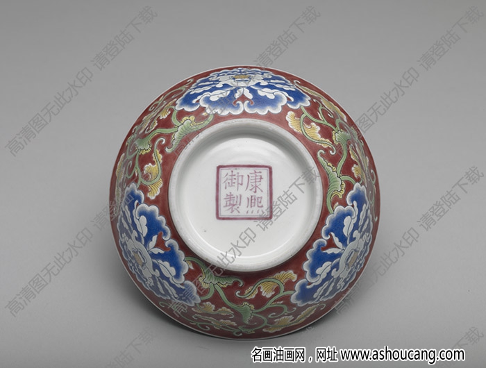 清康熙 琺瑯彩紅地牡丹淺碗 高清大圖下載