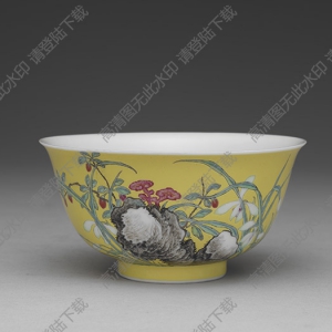清乾隆 琺瑯彩黃地芝蘭壽石圖碗 高清大圖下載