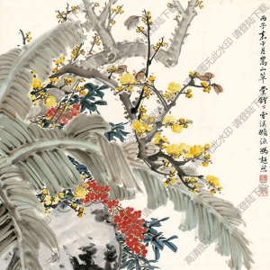馮超然國(guó)畫 花陰玉兔圖 高清大圖下載