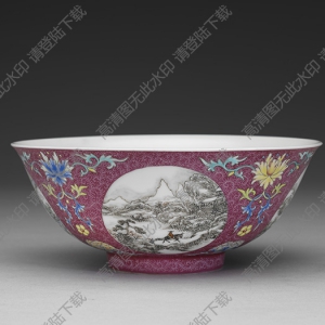 清乾隆 琺瑯彩洋紅地開(kāi)光四季山水碗 高清大圖下載