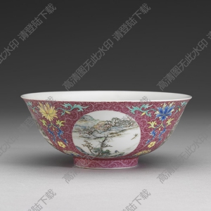 清乾隆 琺瑯彩洋紅地開(kāi)光四季山水碗 高清大圖下載
