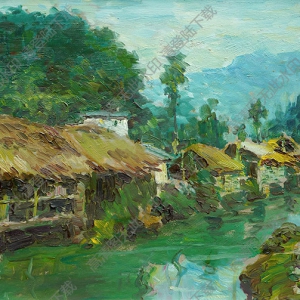 劉國樞油畫 傍水山村 高清大圖下載
