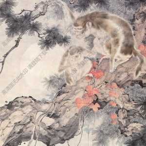 劉奎齡國(guó)畫 月下雙猿 高清大圖下載