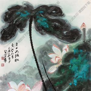 張大千作品_潑彩荷花圖_六十八年己未嘉平月_高清大圖下載