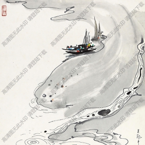 吳冠中國畫作品_江岸漁舟_高清下載