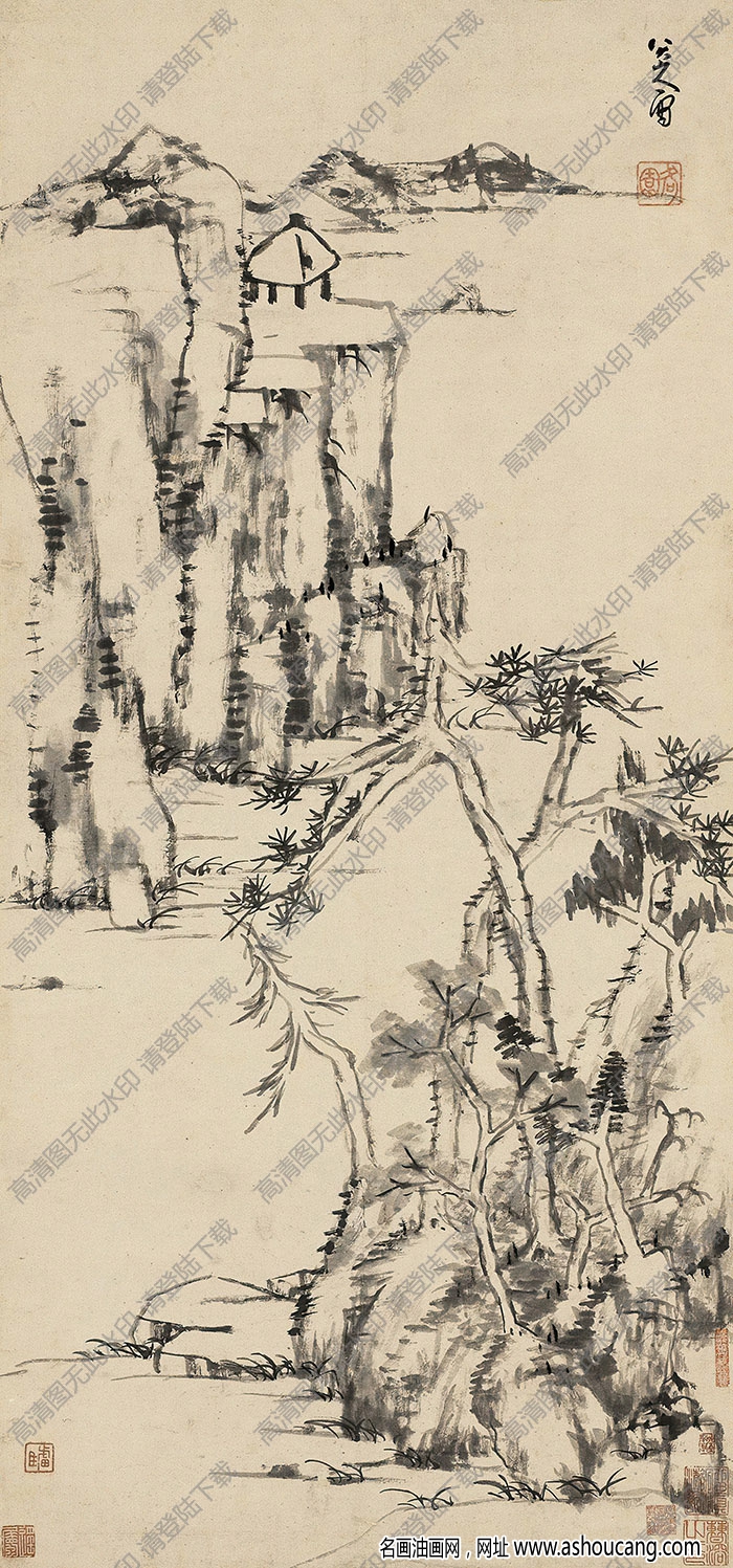 八大山人國(guó)畫 仿倪云林山水 高清大圖下載