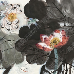 謝伯子國(guó)畫 翠鳥(niǎo)紅荷 高清大圖下載