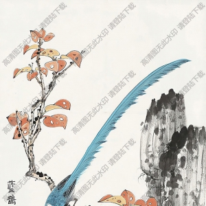 謝伯子國(guó)畫作品 藍(lán)鵲紅葉圖 高清下載