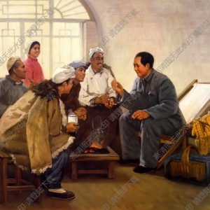 油畫_毛主席在窯洞會見農民_高清大圖下載