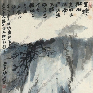 張大千國畫_生煙老樹樹掛高坡_魚艇牽風掛晚波_高清下載